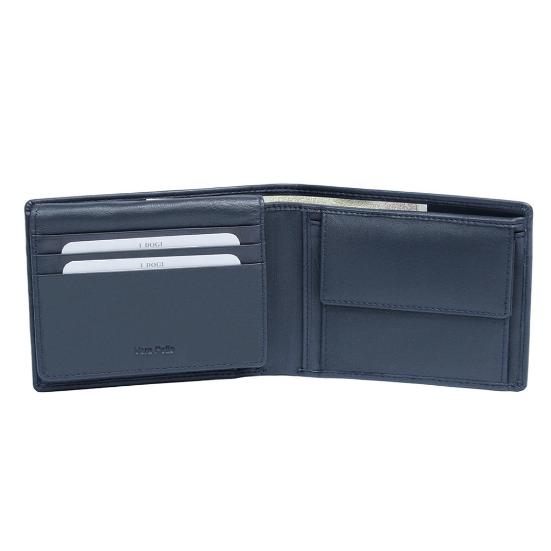 Tony Perotti Cortina 5012 navy opened — card slots and slip pockets on the left, the snap coin pocket on the right and a banknote in the compartment behind