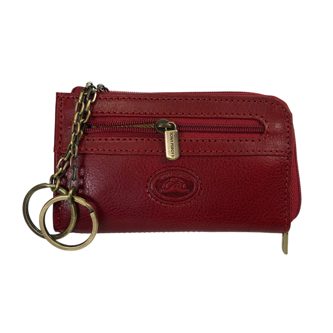 Tony Perotti red bull leather key case with L-shaped zip and two key rings on chains — Italico 1941L rosso