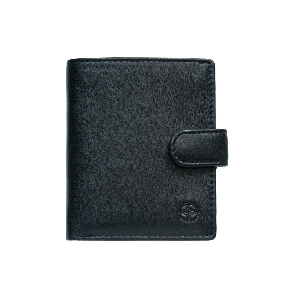 Tony Perotti Cortina 5071 nero black calf leather bifold wallet with a leather snap strap — handcrafted in Italy