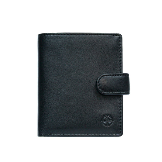 Tony Perotti Cortina 5071 nero black calf leather bifold wallet with a leather snap strap — handcrafted in Italy