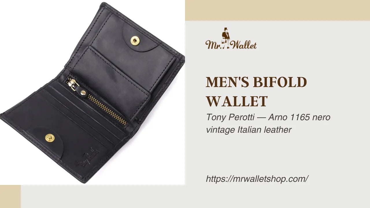 Video review: Tony Perotti Arno 1165 nero men's black vintage leather bifold wallet with coin pocket