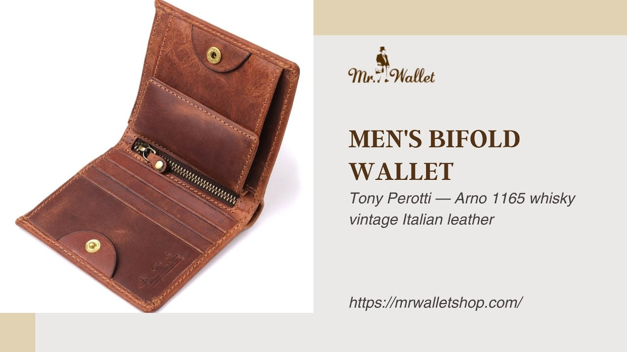 Video review: Tony Perotti Arno 1165 whisky men's brown vintage leather bifold wallet with coin pocket