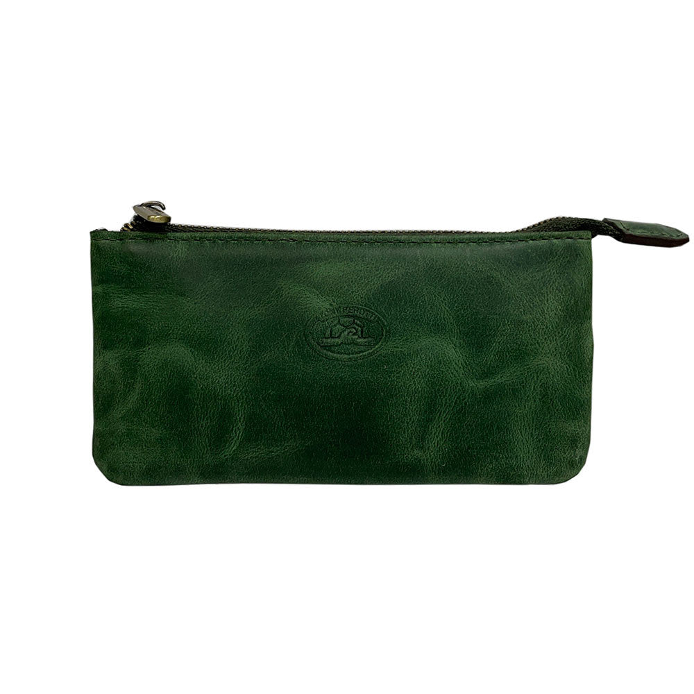 Green Tony Perotti key case handcrafted in Italy — front view with the rings tucked inside and a leather zip pull