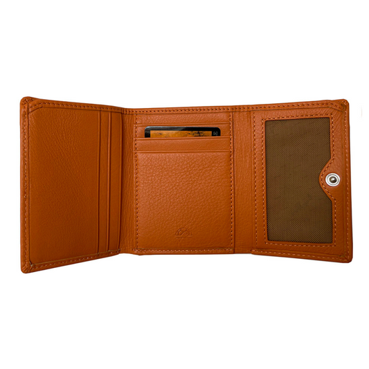 Open orange Tony Perotti wallet showing coin pocket and interior compartments