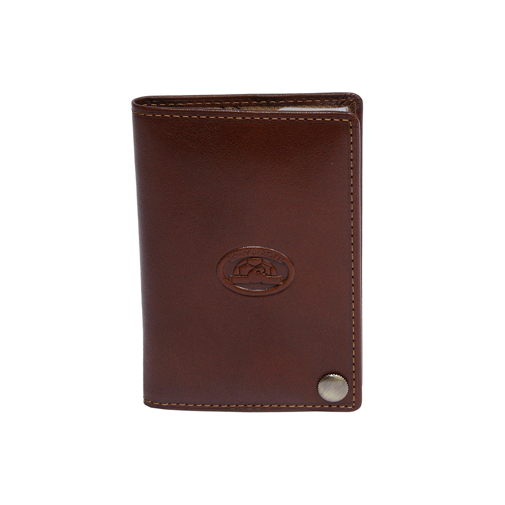 Cognac leather business card holder front view with brass stud — Tony Perotti Italico 2028 cognac