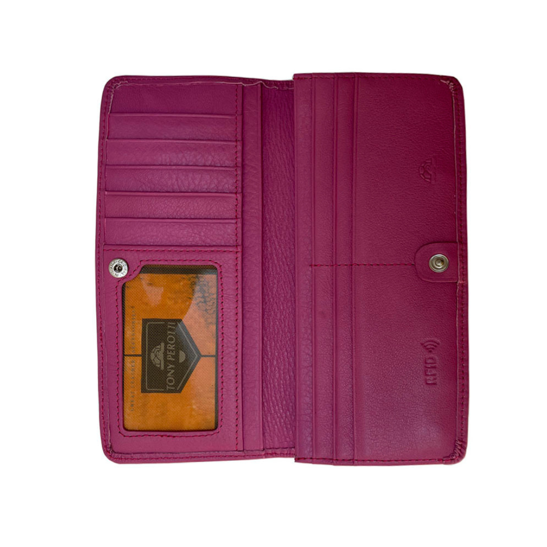 Open Tony Perotti fuchsia RFID wallet with 12 card slots and ID window
