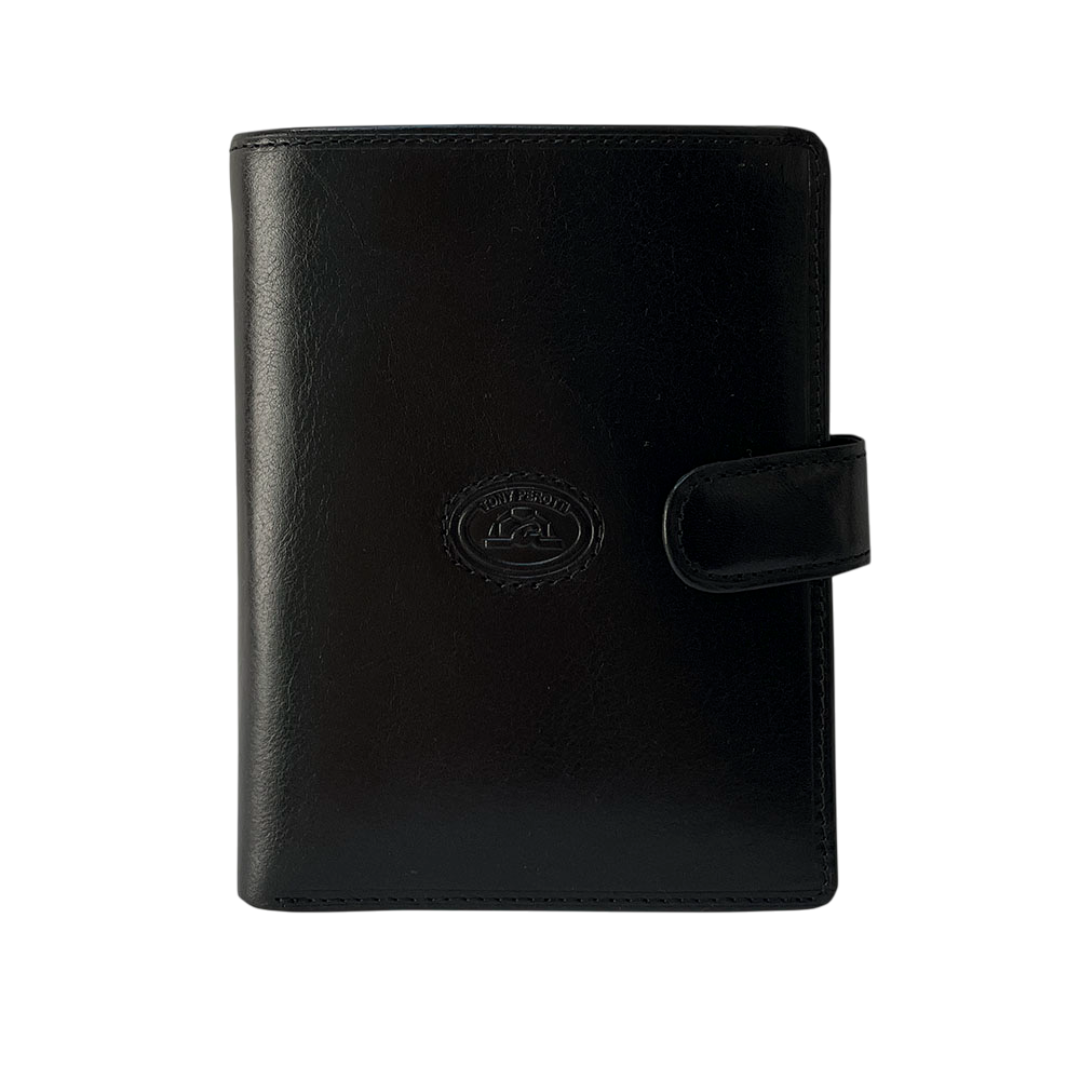 Black leather passport wallet Tony Perotti Italico 3274A nero — front with the embossed turtle emblem in a stitched ring and the closure tab