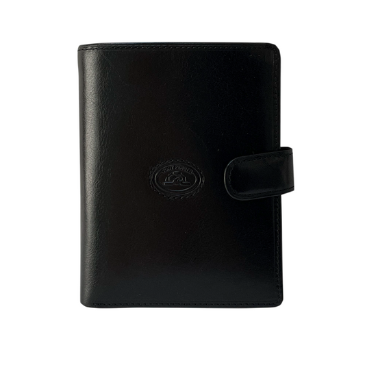 Black leather passport wallet Tony Perotti Italico 3274A nero — front with the embossed turtle emblem in a stitched ring and the closure tab