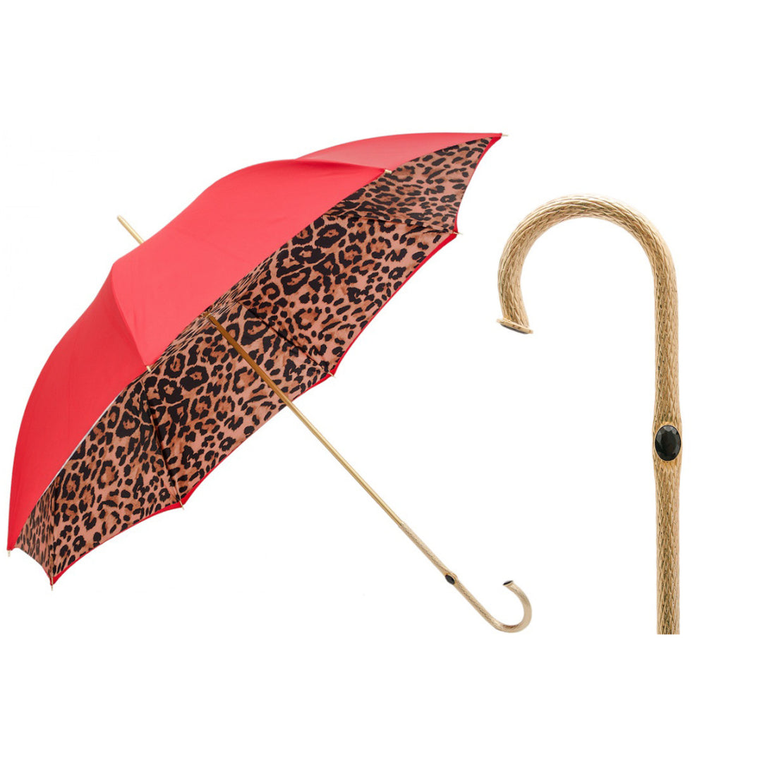 Pasotti women's red umbrella with leopard print inside and engraved brass handle, open, with a close-up of the handle — 189 5A488-92 P5