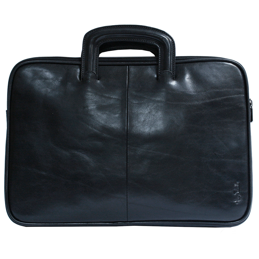 Back of the black Italico 8090 portfolio with the handles raised — smooth panel and embossed Tony Perotti signature