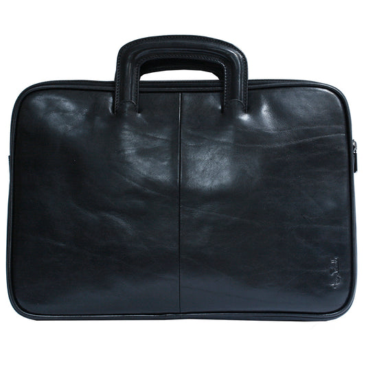 Back of the black Italico 8090 portfolio with the handles raised — smooth panel and embossed Tony Perotti signature