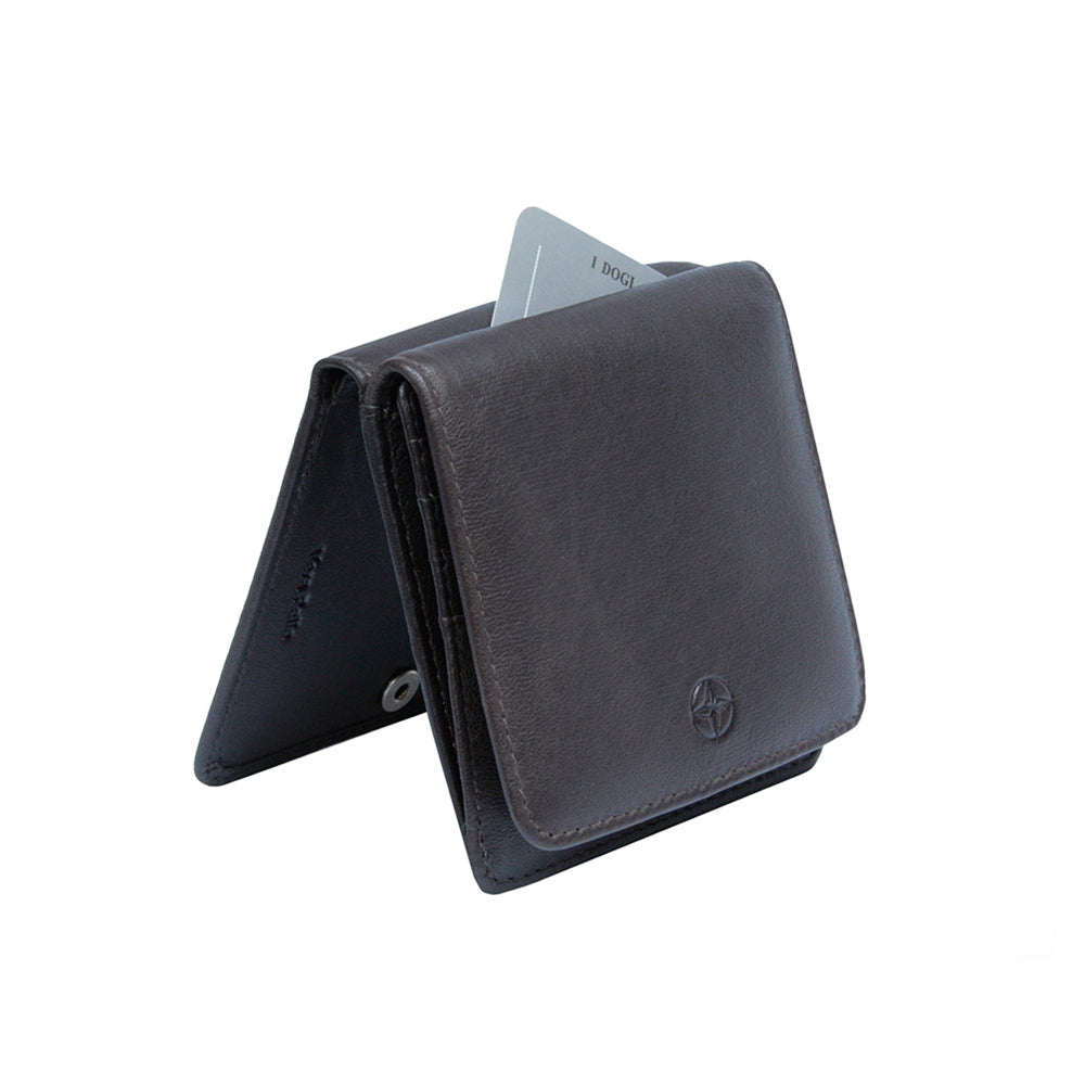 Dark brown Tony Perotti Cortina 5064 wallet standing open at an angle with a card rising out of the top