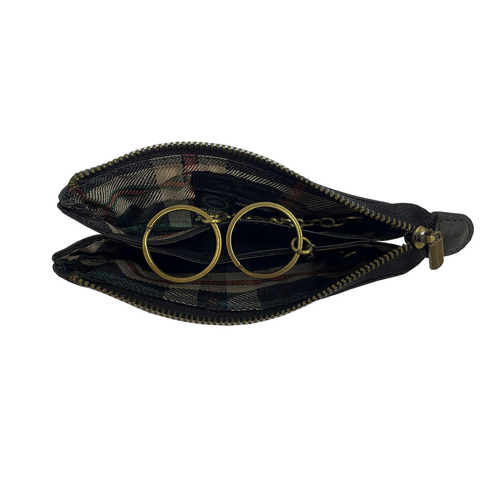Black Arno 3350 key case open — two zip compartments with tartan-check lining and the two brass key rings on chains