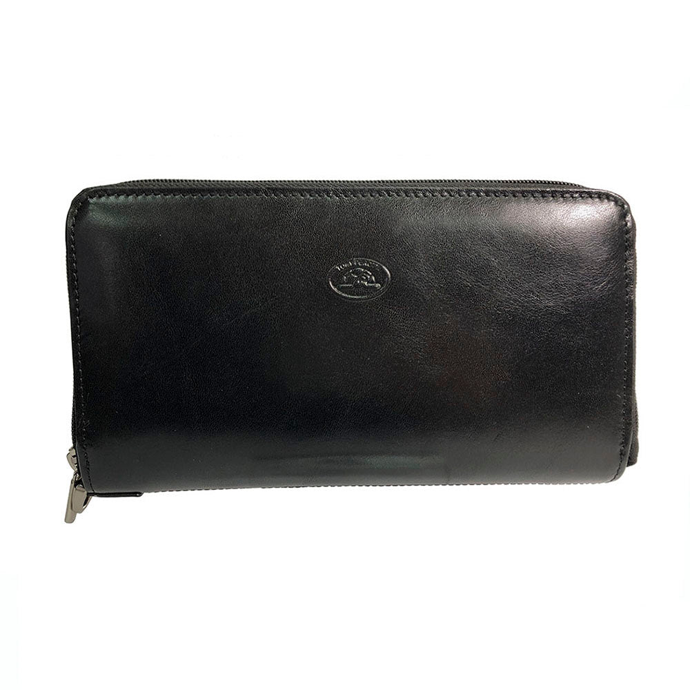 Tony Perotti Italico 3528-21 men's black leather zip-around wallet-clutch — front view with embossed turtle emblem