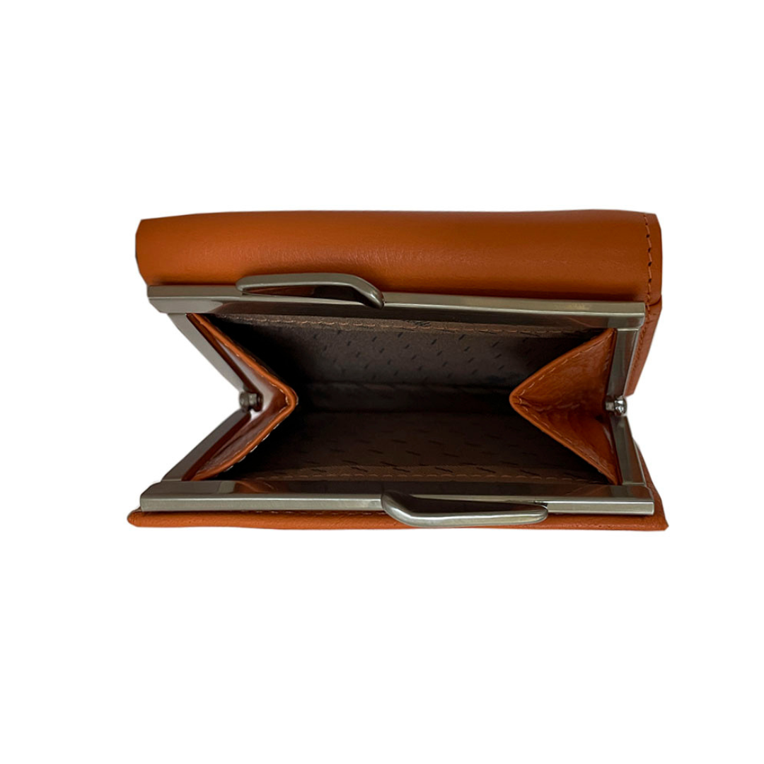 Open kiss-lock coin pocket of Tony Perotti orange leather wallet
