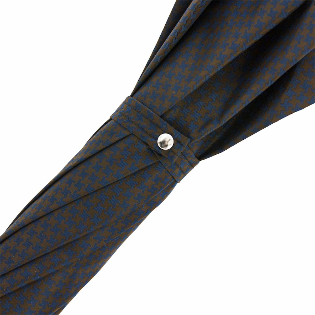 Navy and brown houndstooth weave on the furled canopy with fabric strap and silver-tone snap button