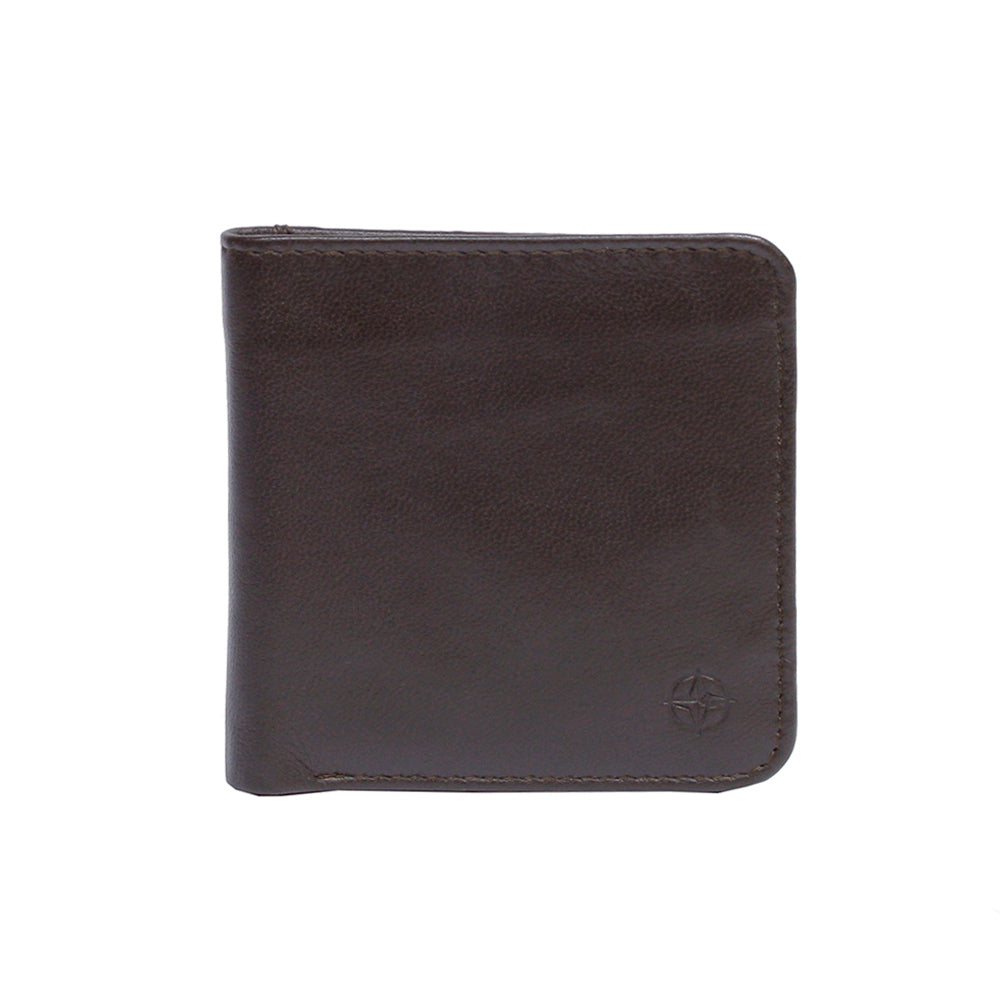 Dark brown Tony Perotti Cortina 5019 small square bifold wallet seen straight on, closed, with the embossed compass rose in the lower corner