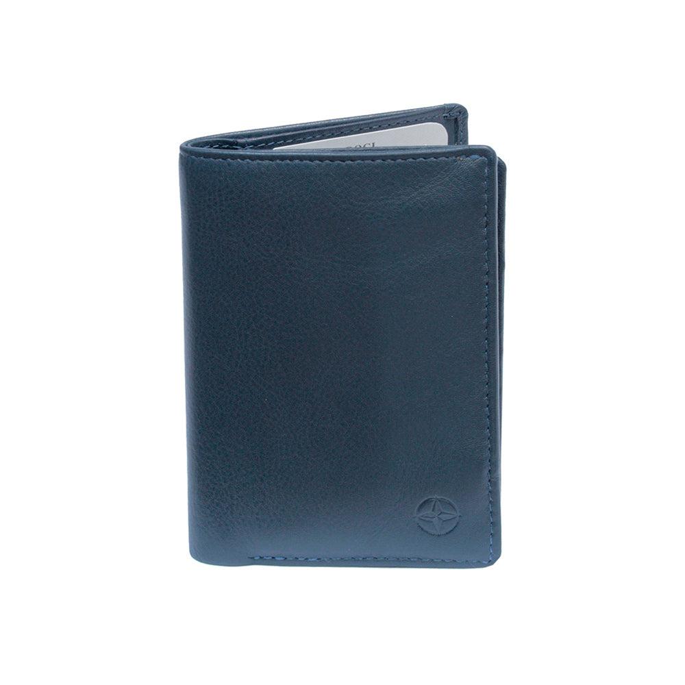 Tony Perotti Cortina 5065 navy calf leather card wallet with embossed compass emblem — handcrafted in Italy