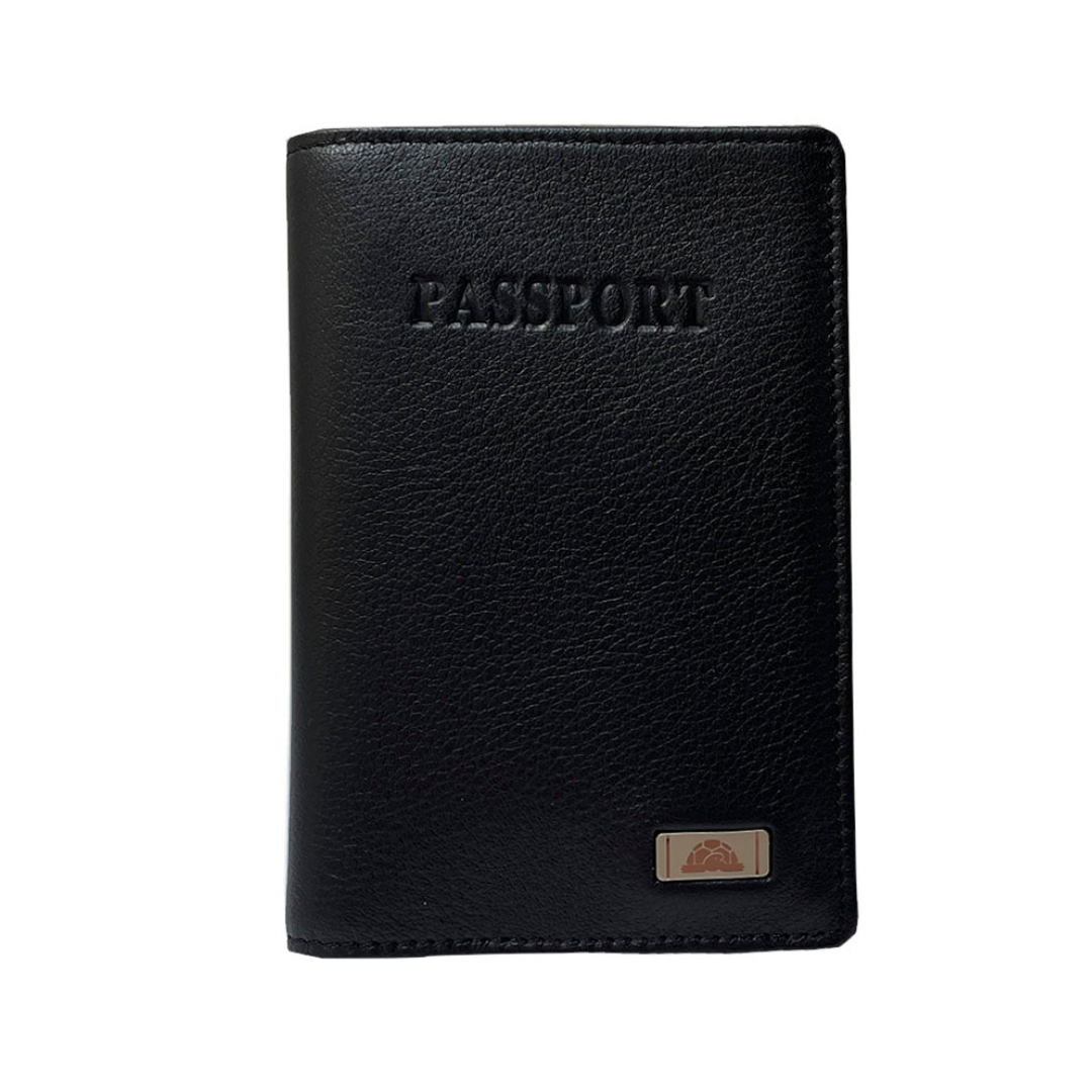 Black leather passport cover Tony Perotti Contatto 2241 nero — front with embossed PASSPORT lettering and the metal turtle emblem plate