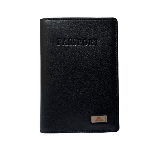 Black leather passport cover Tony Perotti Contatto 2241 nero — front with embossed PASSPORT lettering and the metal turtle emblem plate