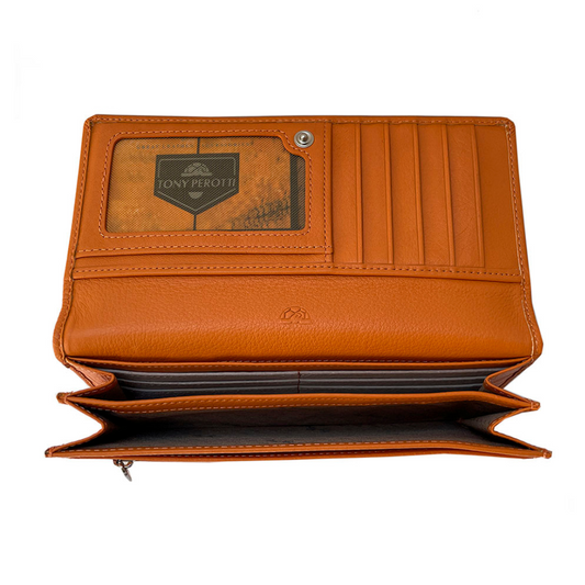 Open Tony Perotti orange flap wallet showing bill compartments and accordion sides