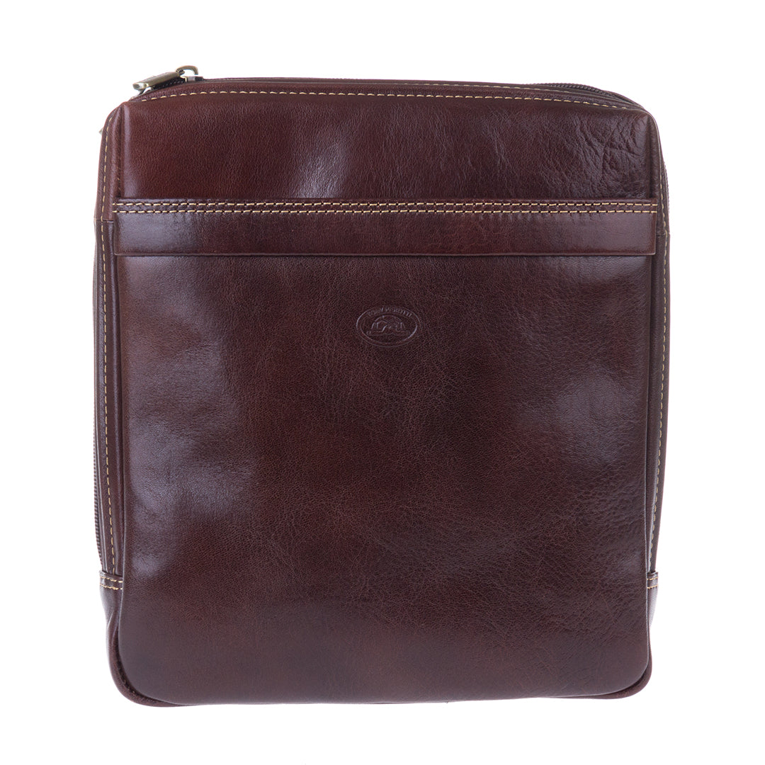Front of the dark brown crossbody bag with embossed turtle and beige stitching — Italico 6001 moro