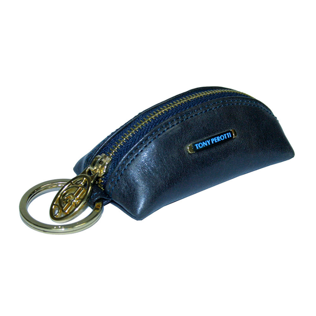 Tony Perotti Topkapi KR-186 navy — navy leather car key case closed, with the metal «TONY PEROTTI» plate, the gold zip and the split ring