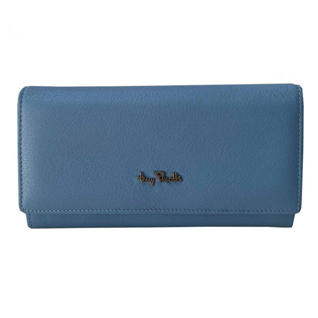Tony Perotti Contatto 2638Z baby women's light blue leather flap wallet — front view