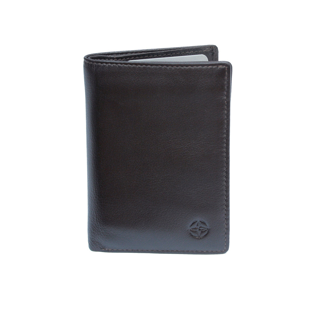 Tony Perotti Cortina 5065 dark brown calf leather card wallet with embossed compass emblem — handcrafted in Italy
