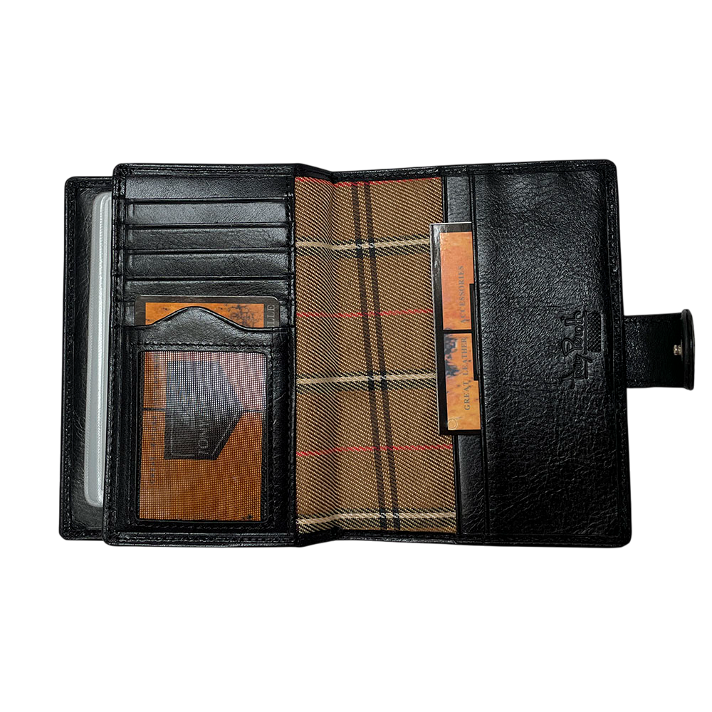 Tony Perotti Italico 1424A nero document holder fully unfolded — hinged flap with four stepped card slots and a window pocket, checked lining