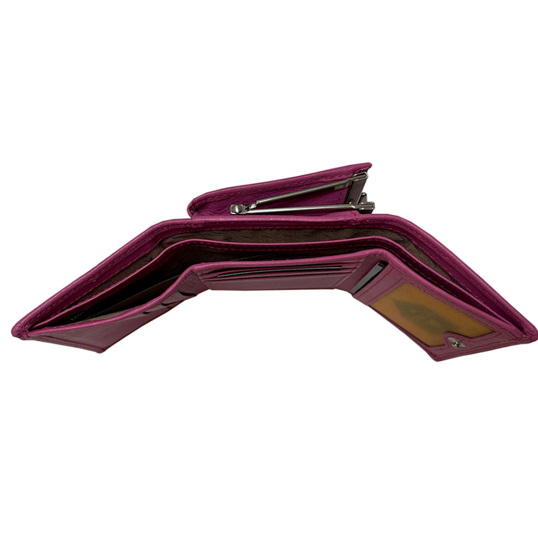 Open pink Tony Perotti wallet with card slots and open kiss-lock coin pocket