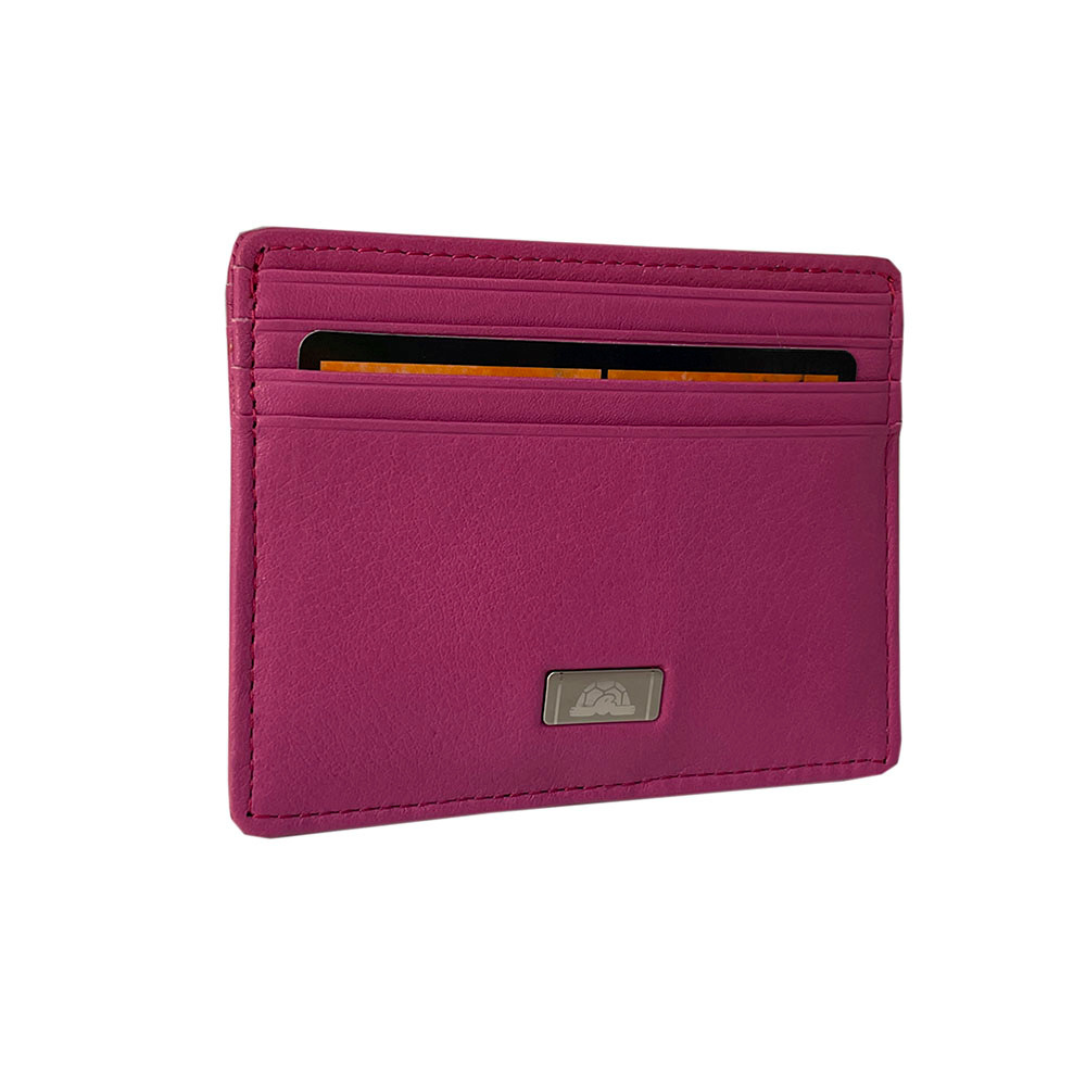 Pink leather card holder Tony Perotti Contatto 2236N dalia at an angle showing its slim profile and tonal stitching