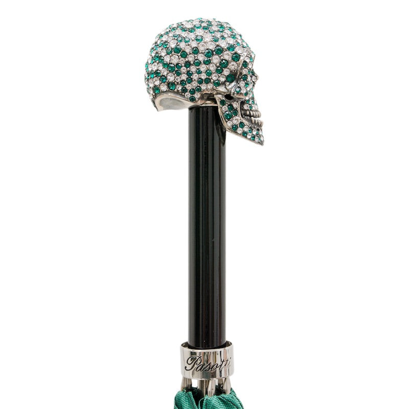 Skull handle in profile on a glossy black grip with a silver-tone collar engraved Pasotti