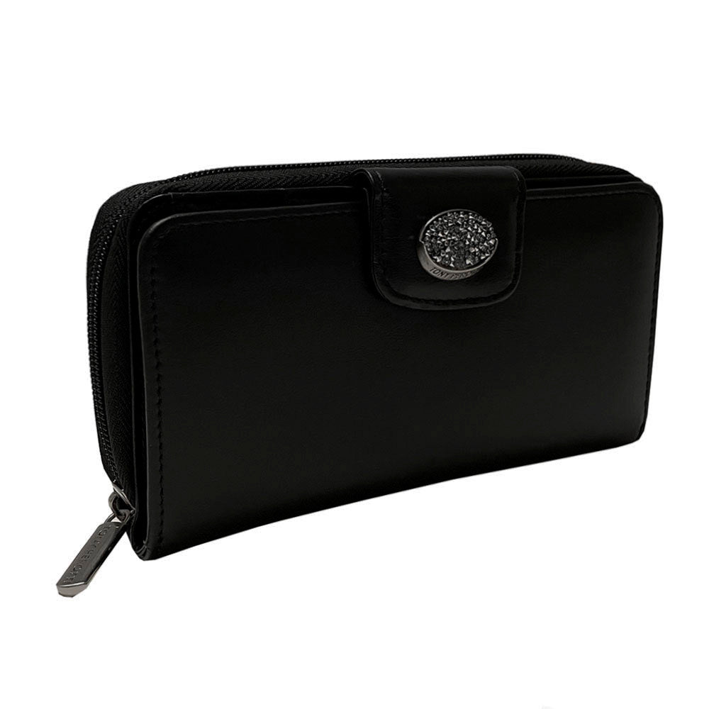 Black Swarovski 1655A wallet at an angle — crystal medallion and engraved zip pull