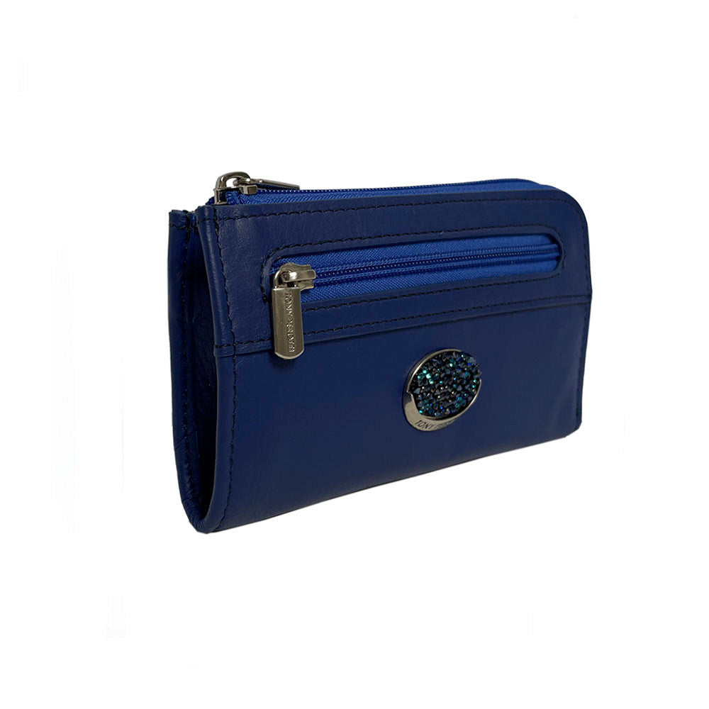 Tony Perotti Swarovski 1941L labelia — front view showing the zip pocket, the branded zip pull and the oval plaque set with blue Swarovski crystals
