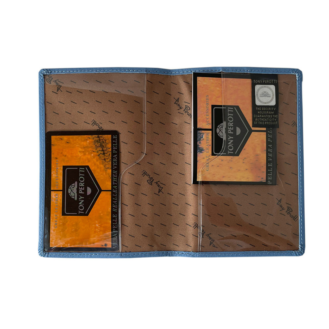 Light Blue passport cover Tony Perotti Contatto 2241 baby opened flat — two transparent pockets with shaped cut-outs over the light brown signature-print lining