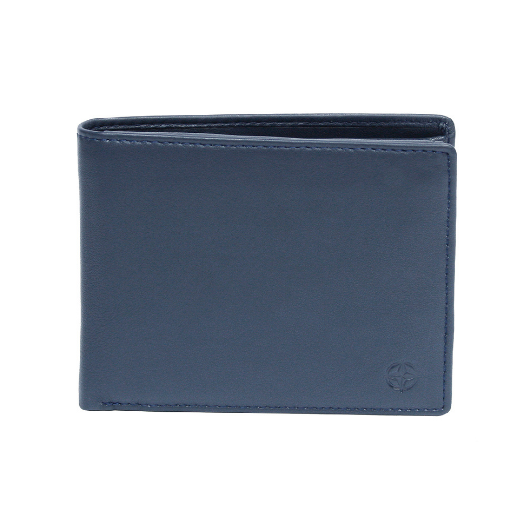 Navy Tony Perotti Cortina 5012 leather bifold wallet seen straight on, closed, with the embossed compass rose in the lower corner