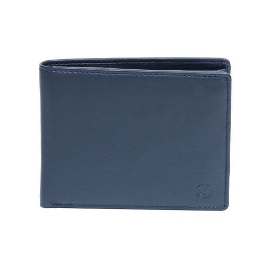 Navy Tony Perotti Cortina 5012 leather bifold wallet seen straight on, closed, with the embossed compass rose in the lower corner