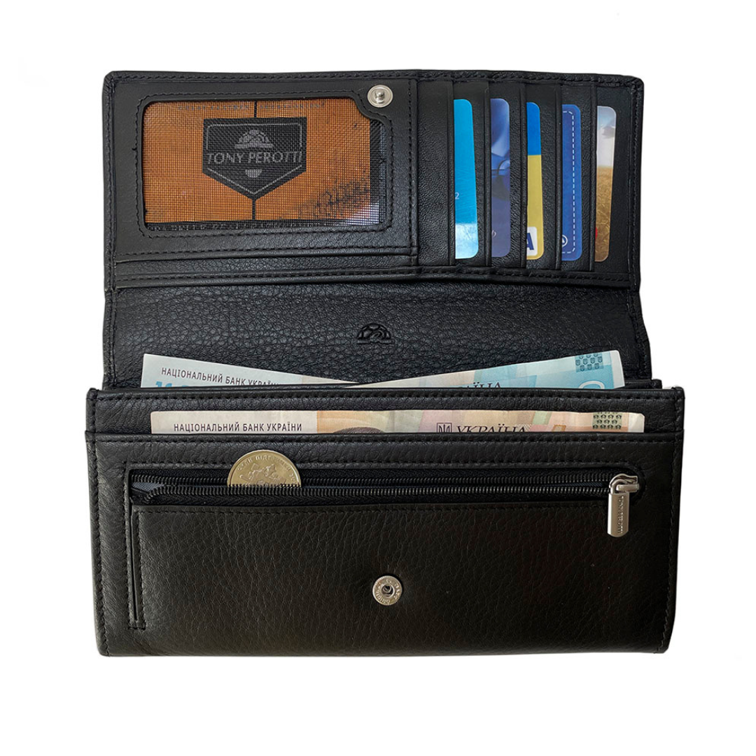 Open Tony Perotti black flap wallet with card slots, ID window and zip coin pocket