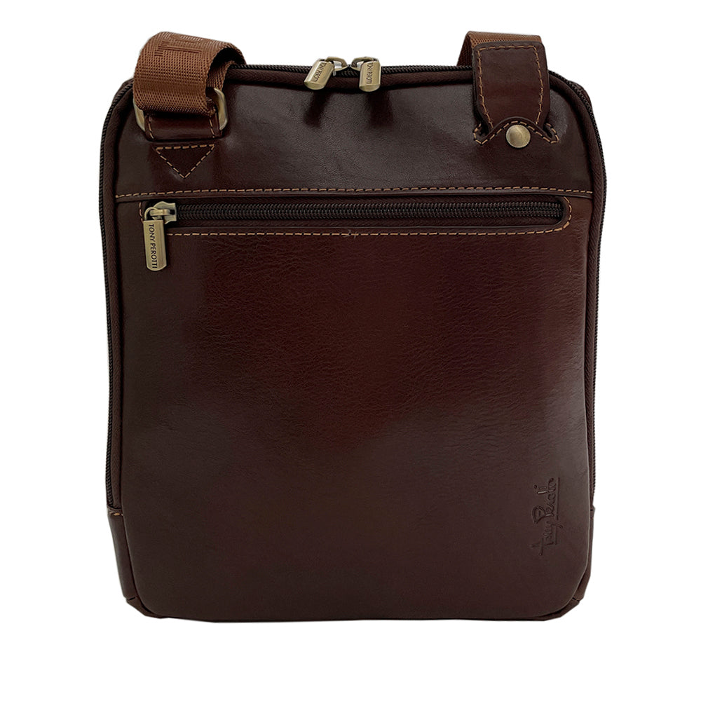 Back view of the dark brown Italico 9137-20 crossbody bag — rear zip pocket, riveted strap anchors and embossed Tony Perotti signature