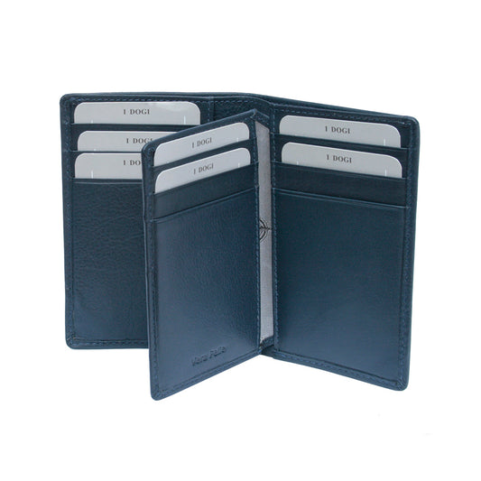 Navy Tony Perotti Cortina 5065 wallet with the leaf panel raised, showing three further card slots on its front face