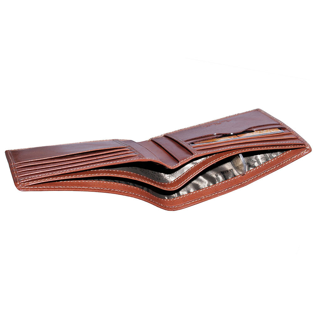 Tony Perotti cognac bifold wallet — partly open side profile showing interior compartments