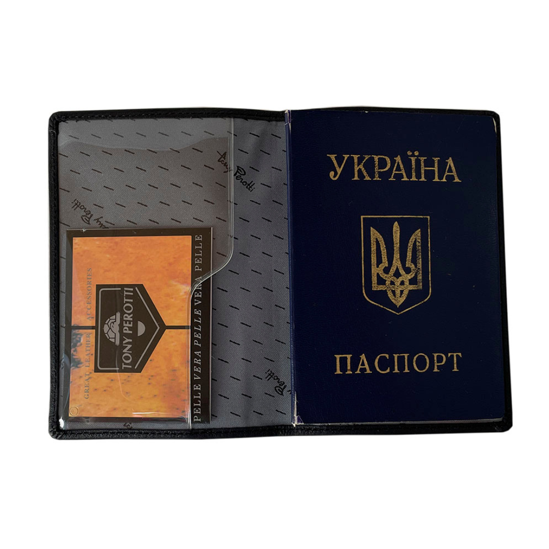 Tony Perotti Contatto 2241 nero passport cover opened, with a passport slid into the right-hand transparent pocket