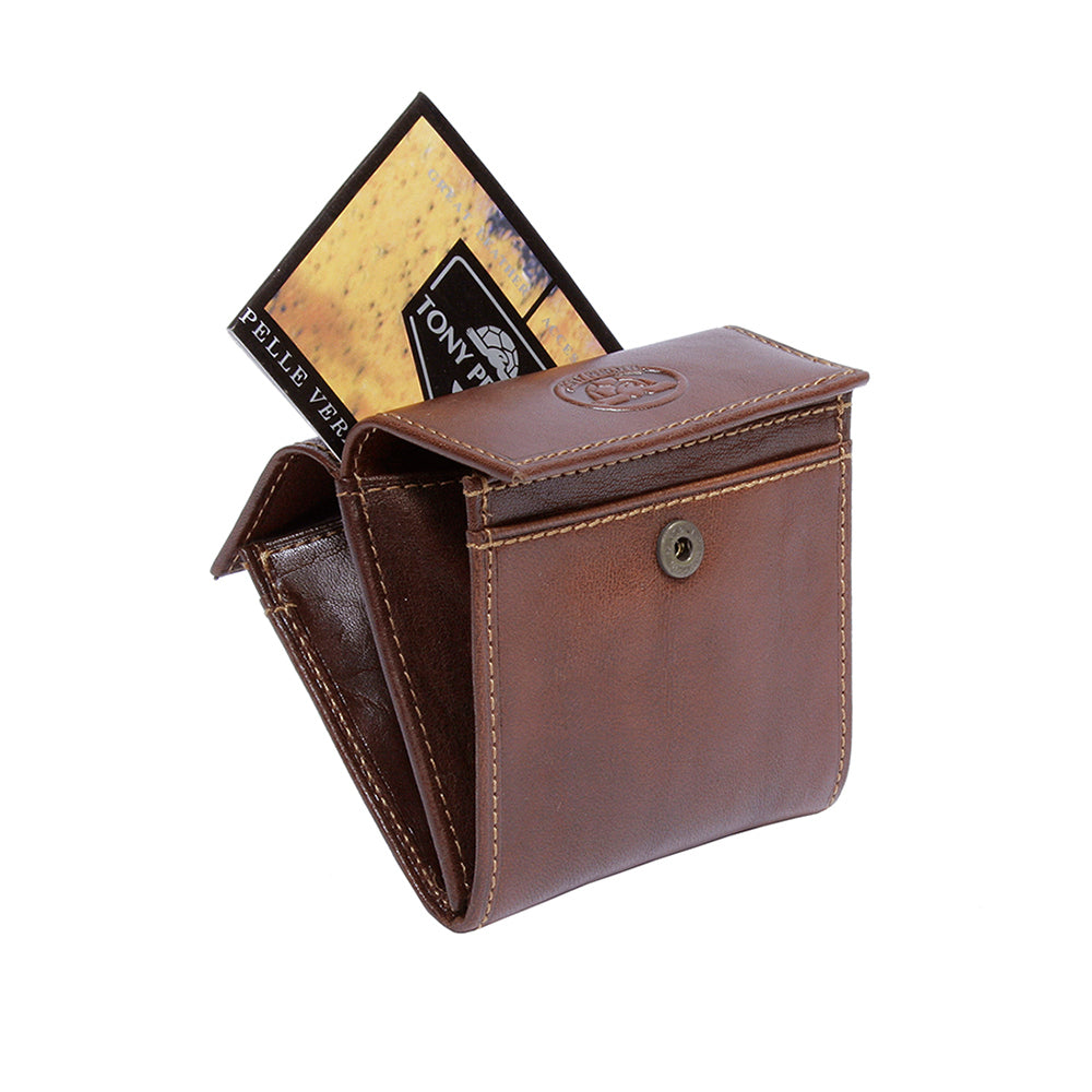 Cognac leather coin pouch, second compartment open with brand card — Tony Perotti Italico 1642 cognac