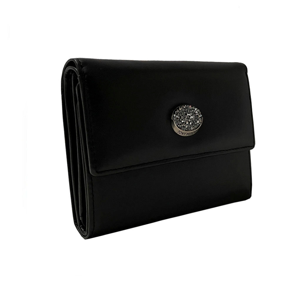 Black Swarovski 500N trifold wallet at an angle with snap closure