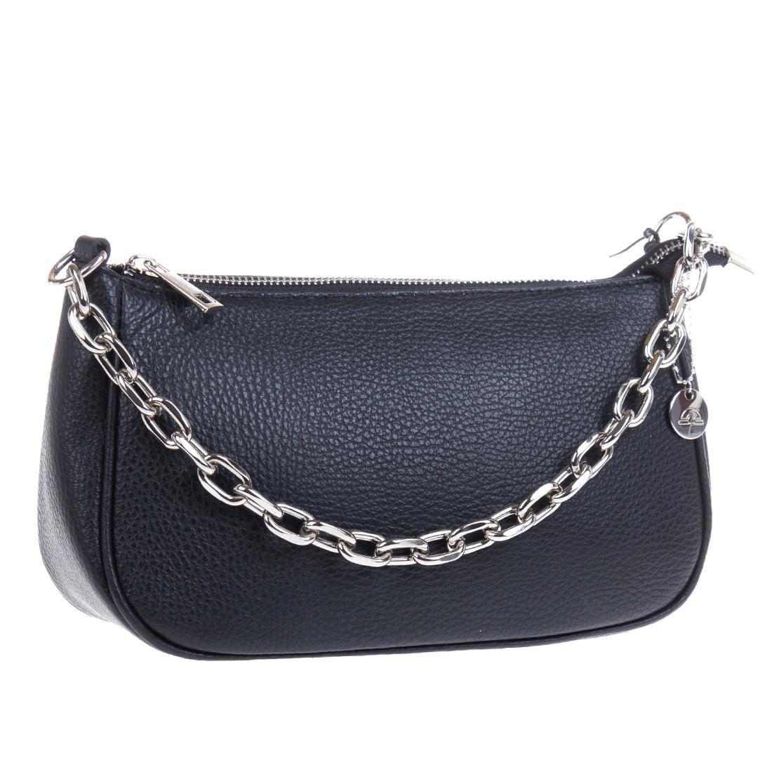Tony Perotti Borsa CA045-02BK nero black leather handbag at an angle on the metal chain — pebbled grain and the rounded baguette shape