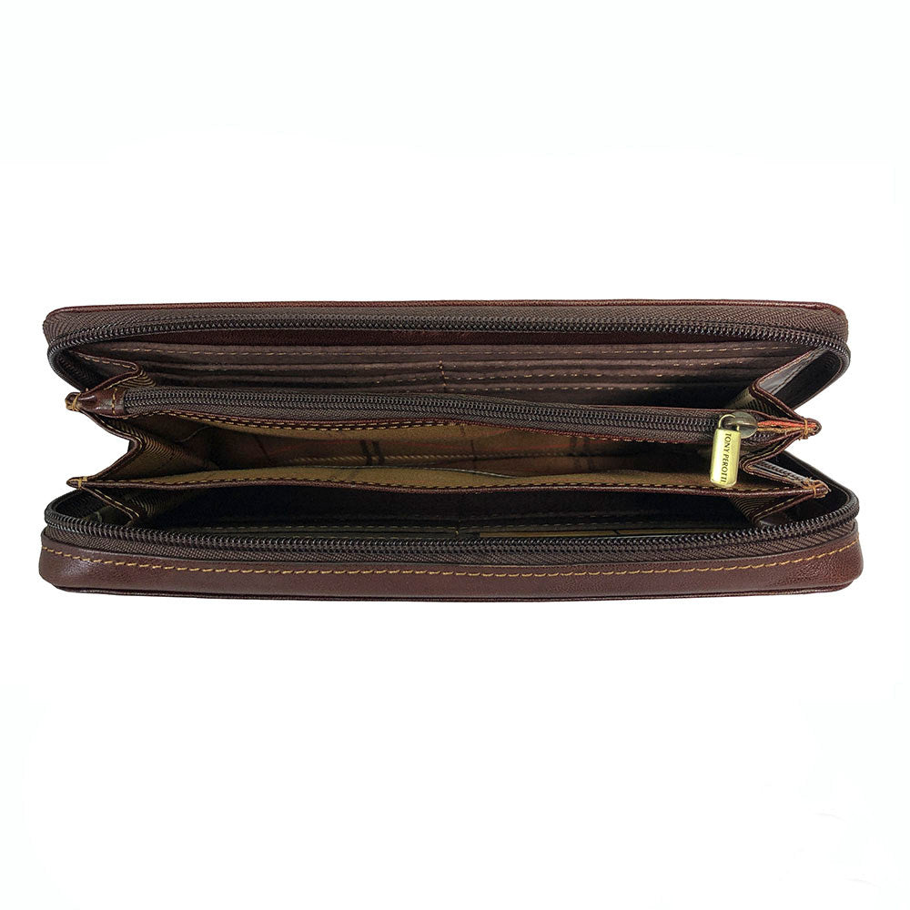 Top view of the open dark brown Italico 3528-21 — two zip-around compartments and central zip coin pocket with branded puller
