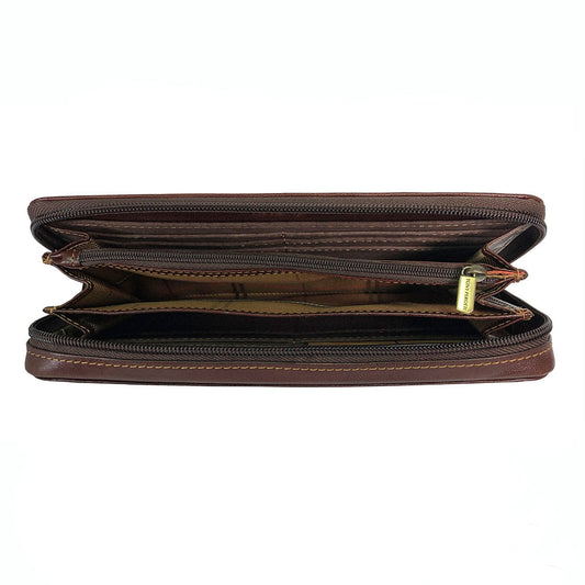 Top view of the open dark brown Italico 3528-21 — two zip-around compartments and central zip coin pocket with branded puller
