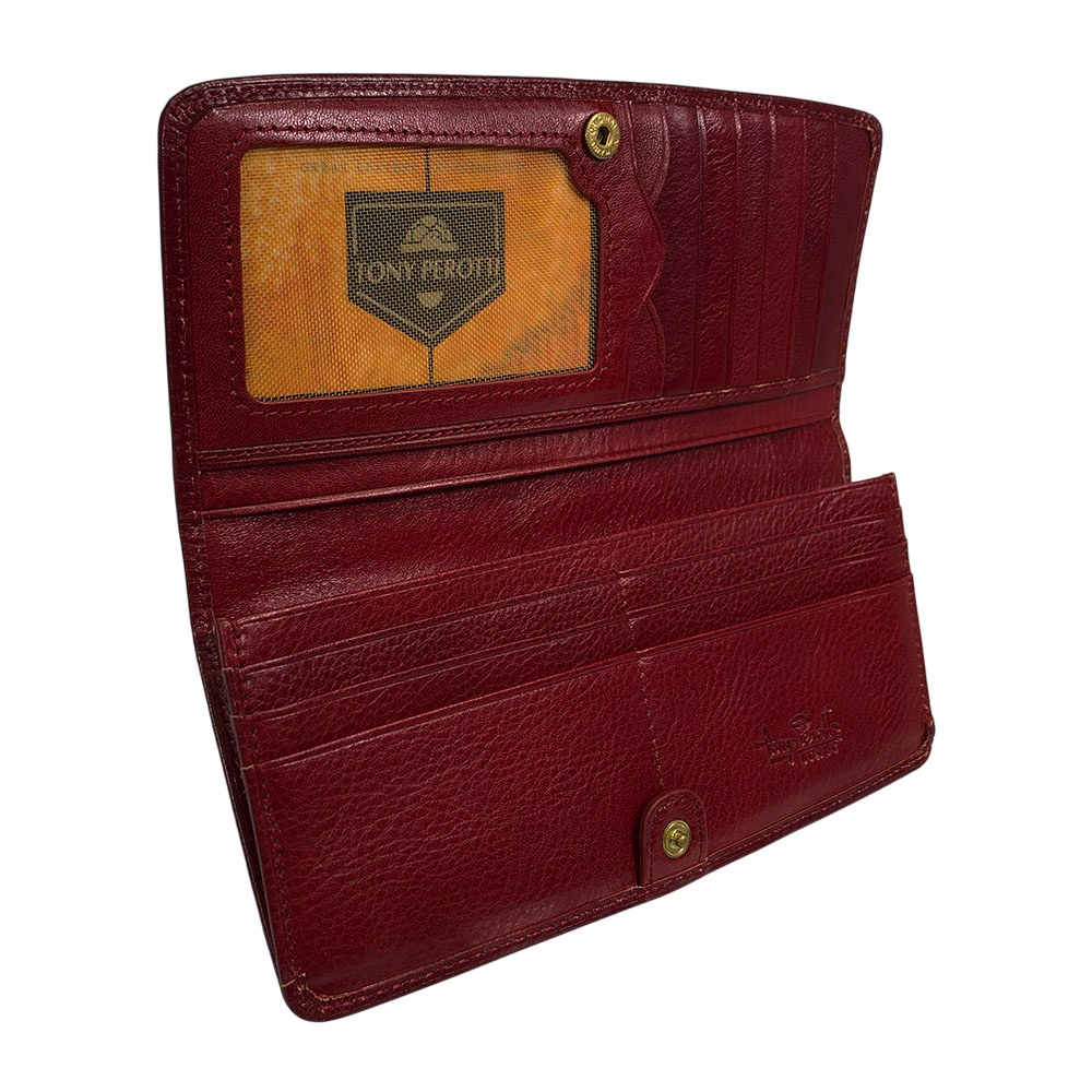 Tony Perotti Italico 2701Z rosso wallet open to show coin pocket and branded lining