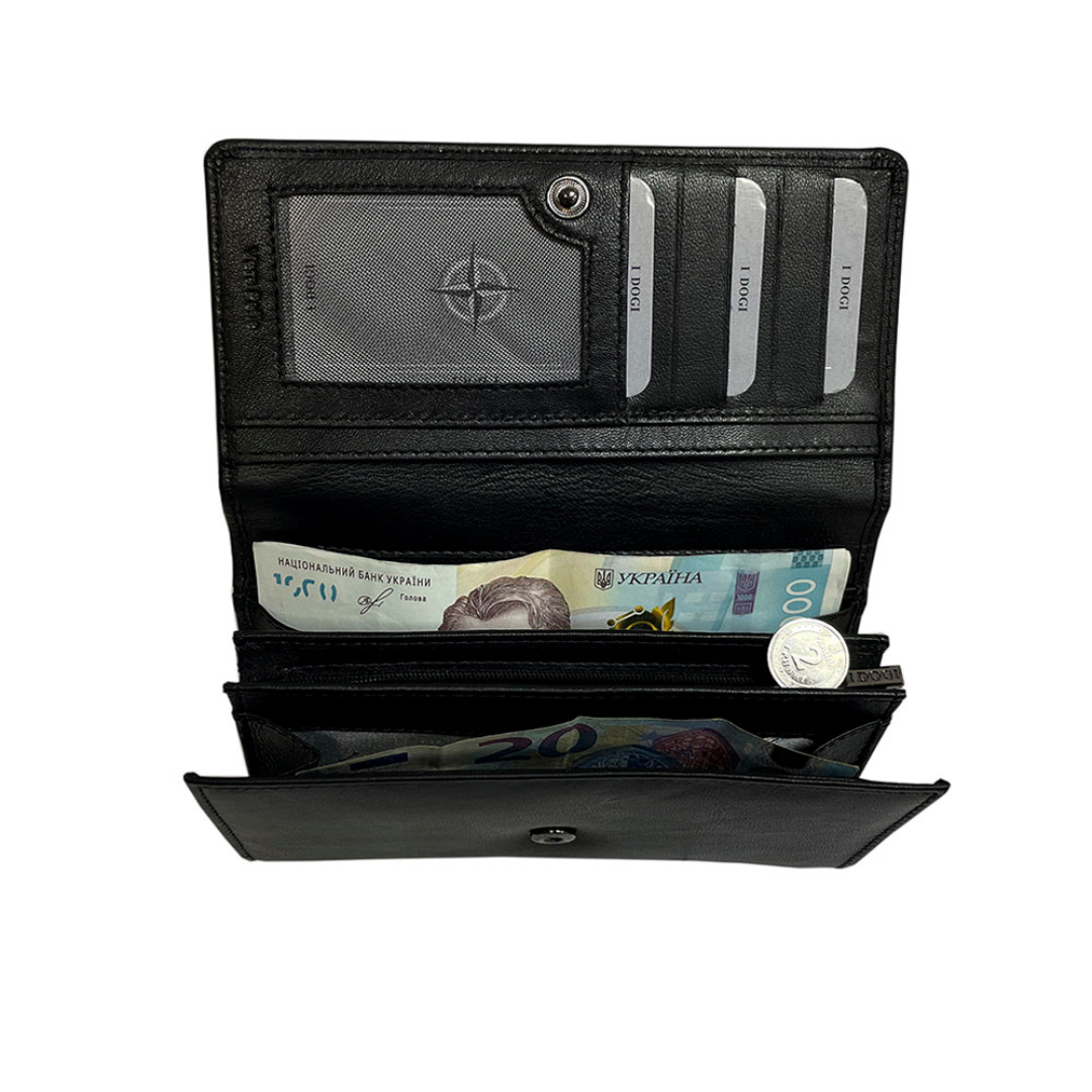 Black Cortina 5008 wallet open showing card slots, ID window and zip coin divider with banknotes flat